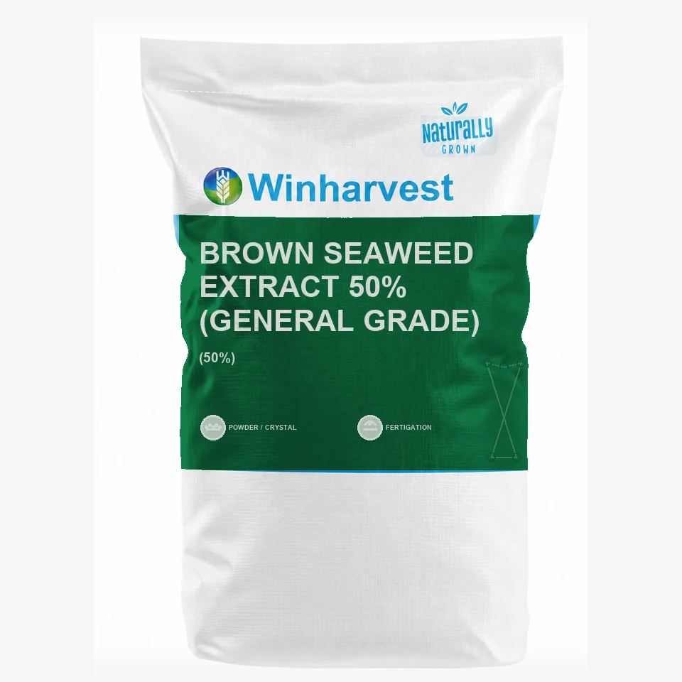 WinHarvest small-pack sack representative packaging for Brown Seaweed Extract 50% (General Grade), printed with its controlled category theme, dynamic product icons, analysis and formula information; not an approved product-specific packaging photograph