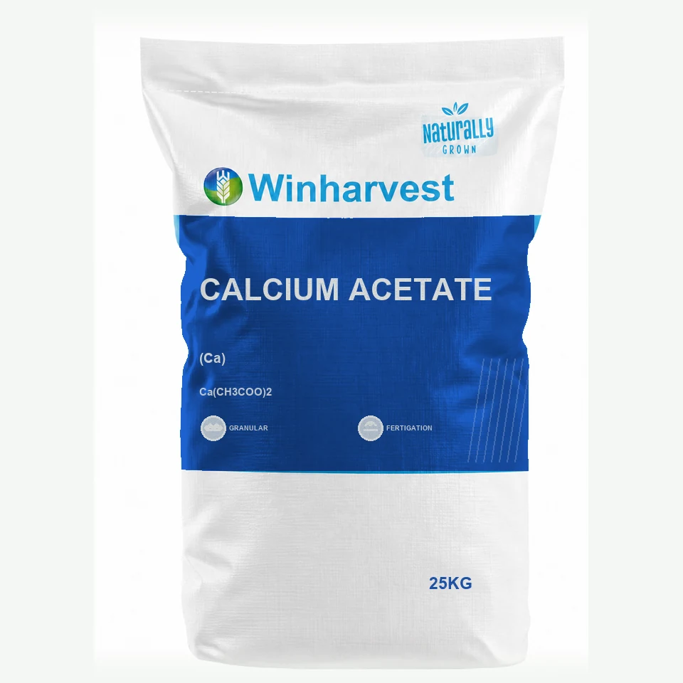WinHarvest small-pack sack representative packaging for Calcium Acetate, printed with its controlled category theme, dynamic product icons, analysis and formula information; not an approved product-specific packaging photograph