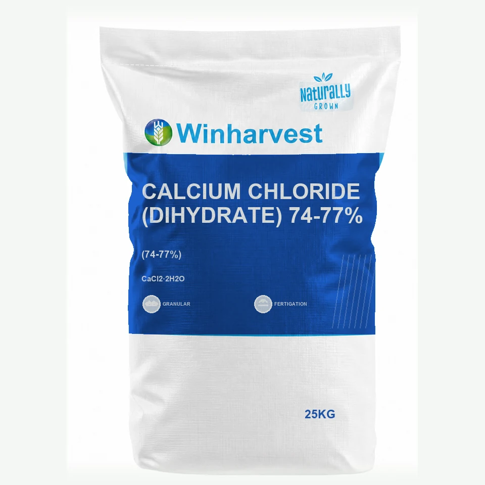 WinHarvest small-pack sack representative packaging for Calcium Chloride (Dihydrate) 74-77%, printed with its controlled category theme, dynamic product icons, analysis and formula information; not an approved product-specific packaging photograph