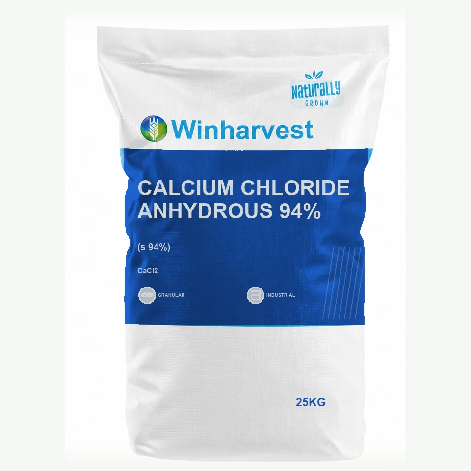 WinHarvest small-pack sack representative packaging for Calcium Chloride Anhydrous 94%, printed with its controlled category theme, dynamic product icons, analysis and formula information; not an approved product-specific packaging photograph
