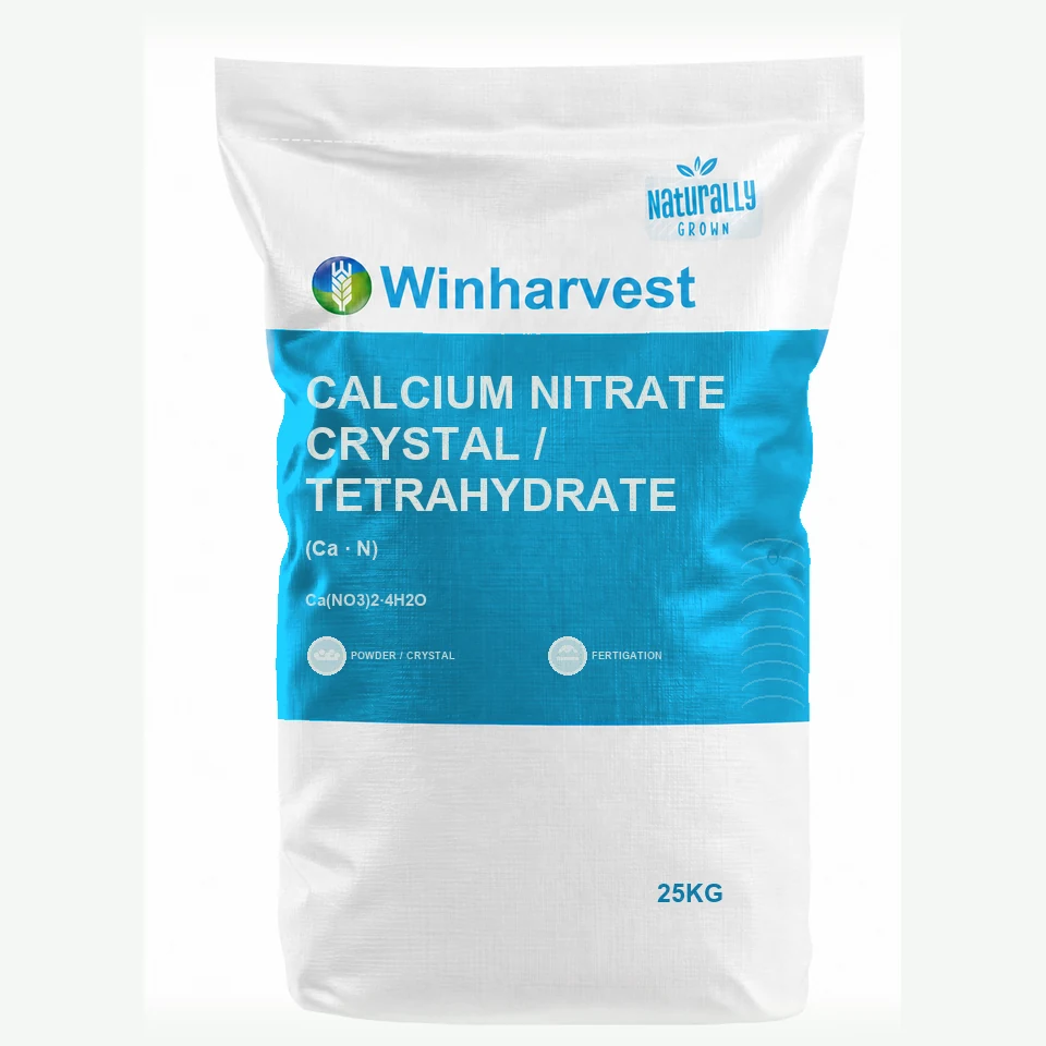 WinHarvest small-pack sack representative packaging for Calcium Nitrate Crystal / Tetrahydrate, printed with its controlled category theme, dynamic product icons, analysis and formula information; not an approved product-specific packaging photograph