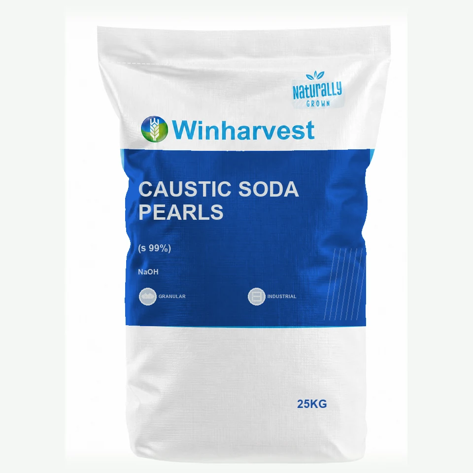 WinHarvest small-pack sack representative packaging for Caustic Soda Pearls, printed with its controlled category theme, dynamic product icons, analysis and formula information; not an approved product-specific packaging photograph