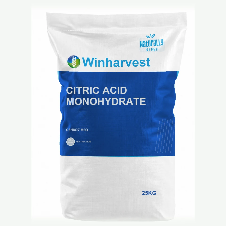 WinHarvest small-pack sack representative packaging for Citric Acid Monohydrate, printed with its controlled category theme, dynamic product icons, analysis and formula information; not an approved product-specific packaging photograph