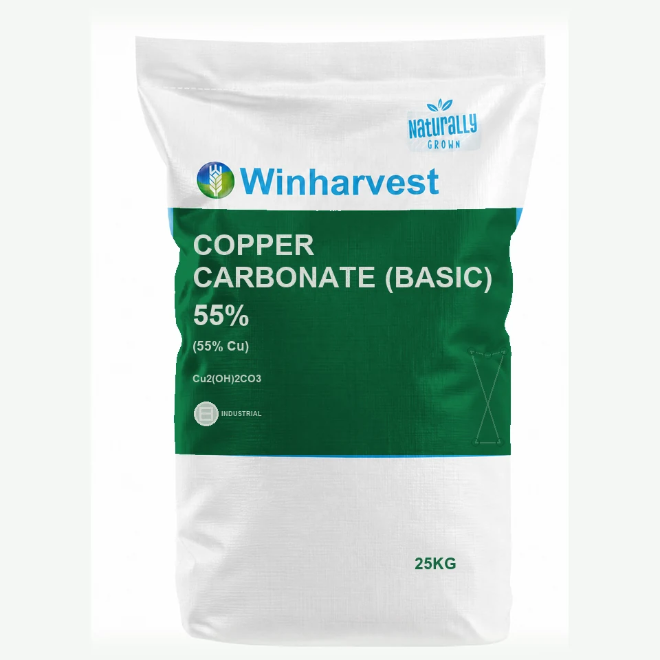 WinHarvest small-pack sack representative packaging for Copper Carbonate (Basic) 55%, printed with its controlled category theme, dynamic product icons, analysis and formula information; not an approved product-specific packaging photograph