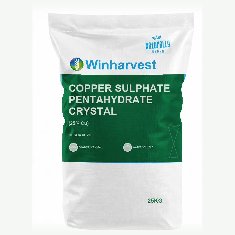 WinHarvest small-pack sack representative packaging for Copper Sulphate Pentahydrate Crystal, printed with its controlled category theme, dynamic product icons, analysis and formula information; not an approved product-specific packaging photograph