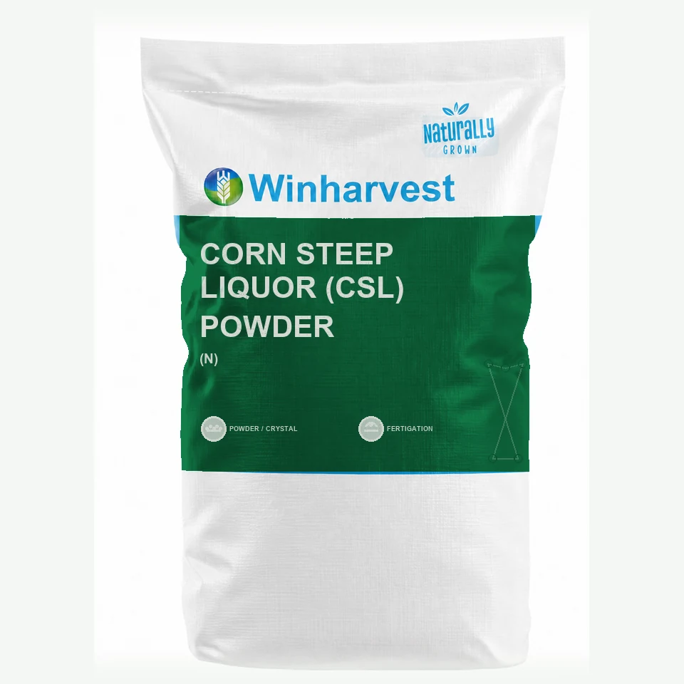 WinHarvest small-pack sack representative packaging for Corn Steep Liquor (CSL) Powder, printed with its controlled category theme, dynamic product icons, analysis and formula information; not an approved product-specific packaging photograph