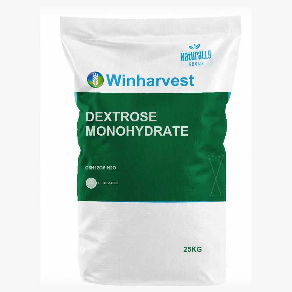 WinHarvest small-pack sack representative packaging for Dextrose Monohydrate, printed with its controlled category theme, dynamic product icons, analysis and formula information; not an approved product-specific packaging photograph
