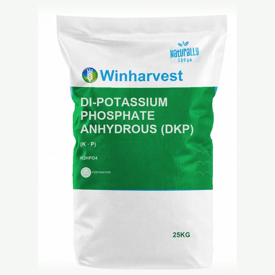 WinHarvest small-pack sack representative packaging for Di-Potassium Phosphate Anhydrous (DKP), printed with its controlled category theme, dynamic product icons, analysis and formula information; not an approved product-specific packaging photograph