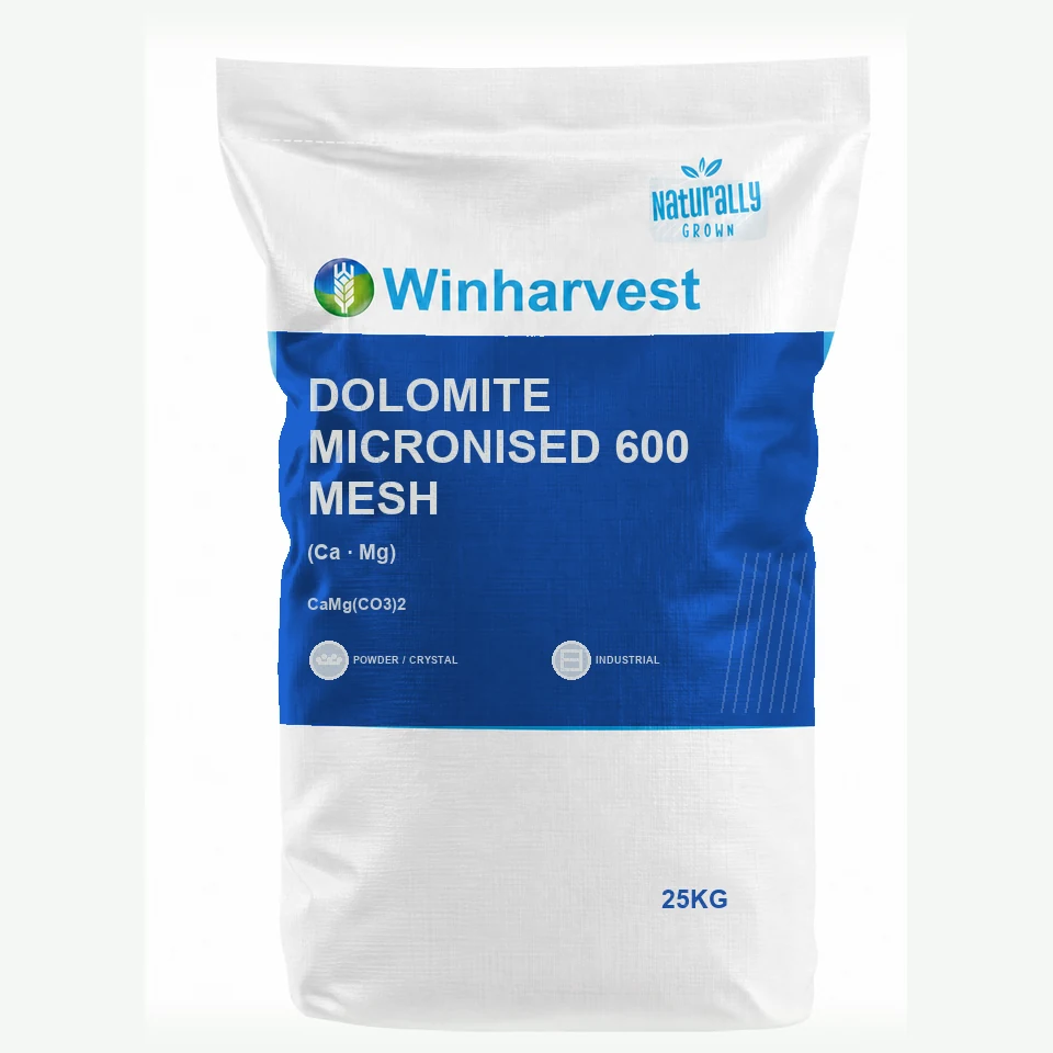 WinHarvest small-pack sack representative packaging for Dolomite Micronised 600 mesh, printed with its controlled category theme, dynamic product icons, analysis and formula information; not an approved product-specific packaging photograph