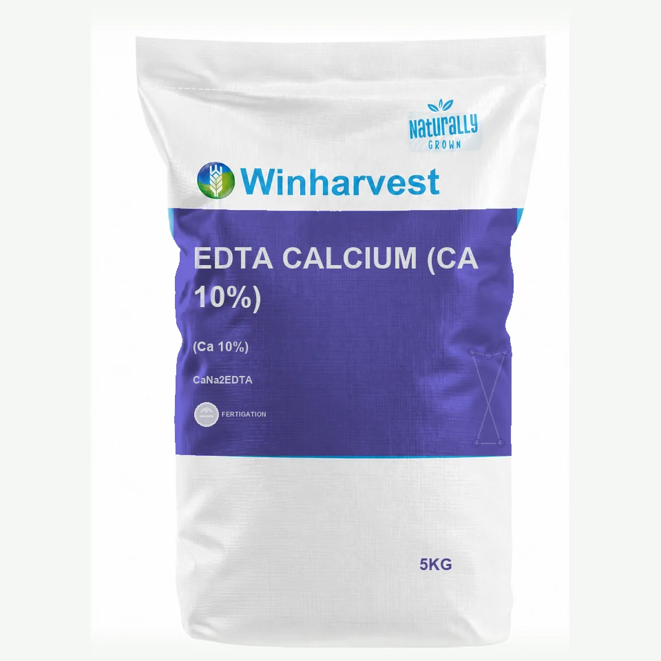 WinHarvest small-pack sack representative packaging for EDTA Calcium (Ca 10%), printed with its controlled category theme, dynamic product icons, analysis and formula information; not an approved product-specific packaging photograph
