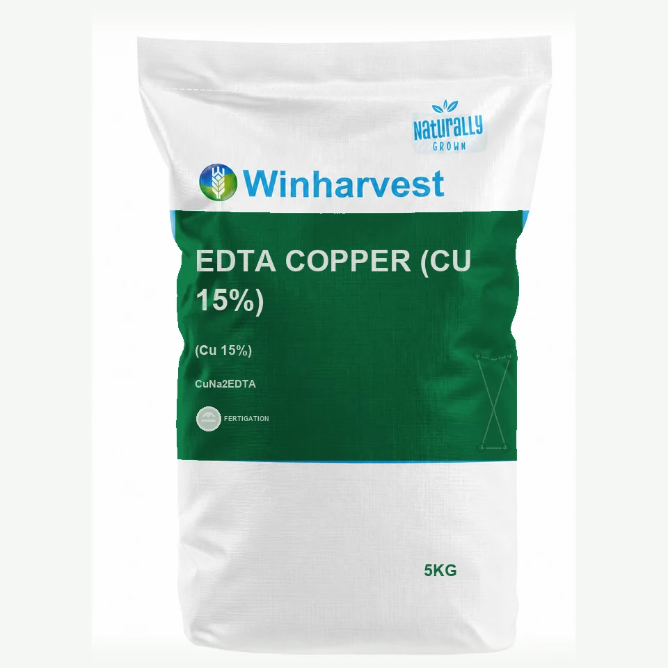 WinHarvest small-pack sack representative packaging for EDTA Copper (Cu 15%), printed with its controlled category theme, dynamic product icons, analysis and formula information; not an approved product-specific packaging photograph