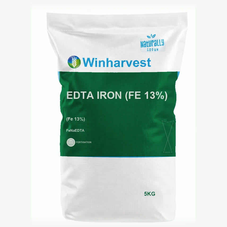 WinHarvest small-pack sack representative packaging for EDTA Iron (Fe 13%), printed with its controlled category theme, dynamic product icons, analysis and formula information; not an approved product-specific packaging photograph