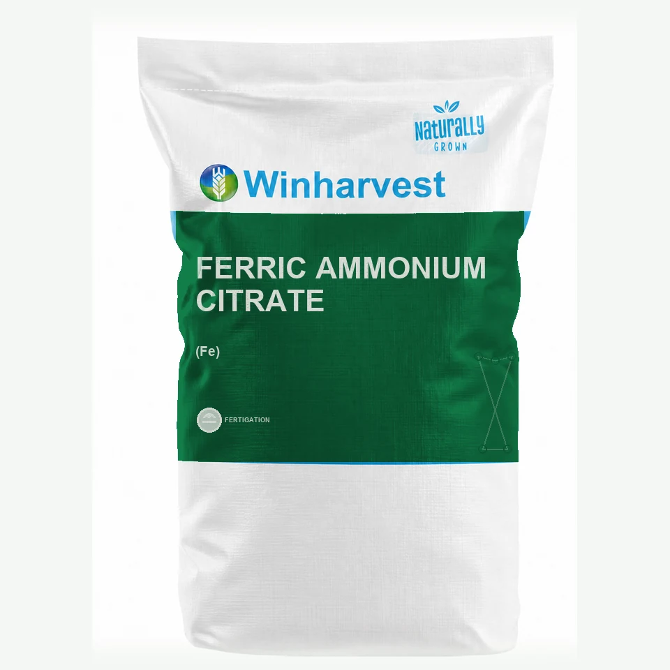 WinHarvest small-pack sack representative packaging for Ferric Ammonium Citrate, printed with its controlled category theme, dynamic product icons, analysis and formula information; not an approved product-specific packaging photograph