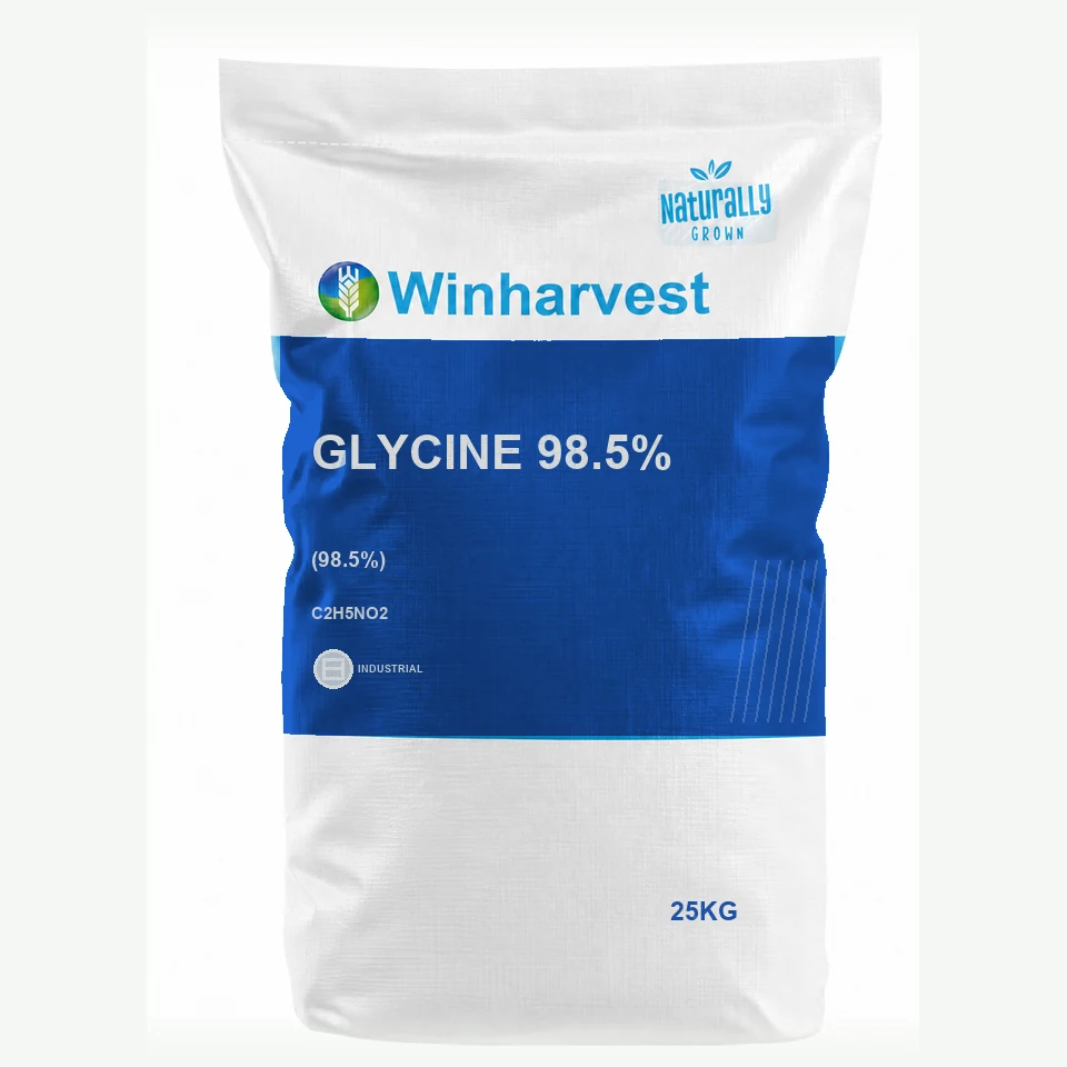 WinHarvest small-pack sack representative packaging for Glycine 98.5%, printed with its controlled category theme, dynamic product icons, analysis and formula information; not an approved product-specific packaging photograph