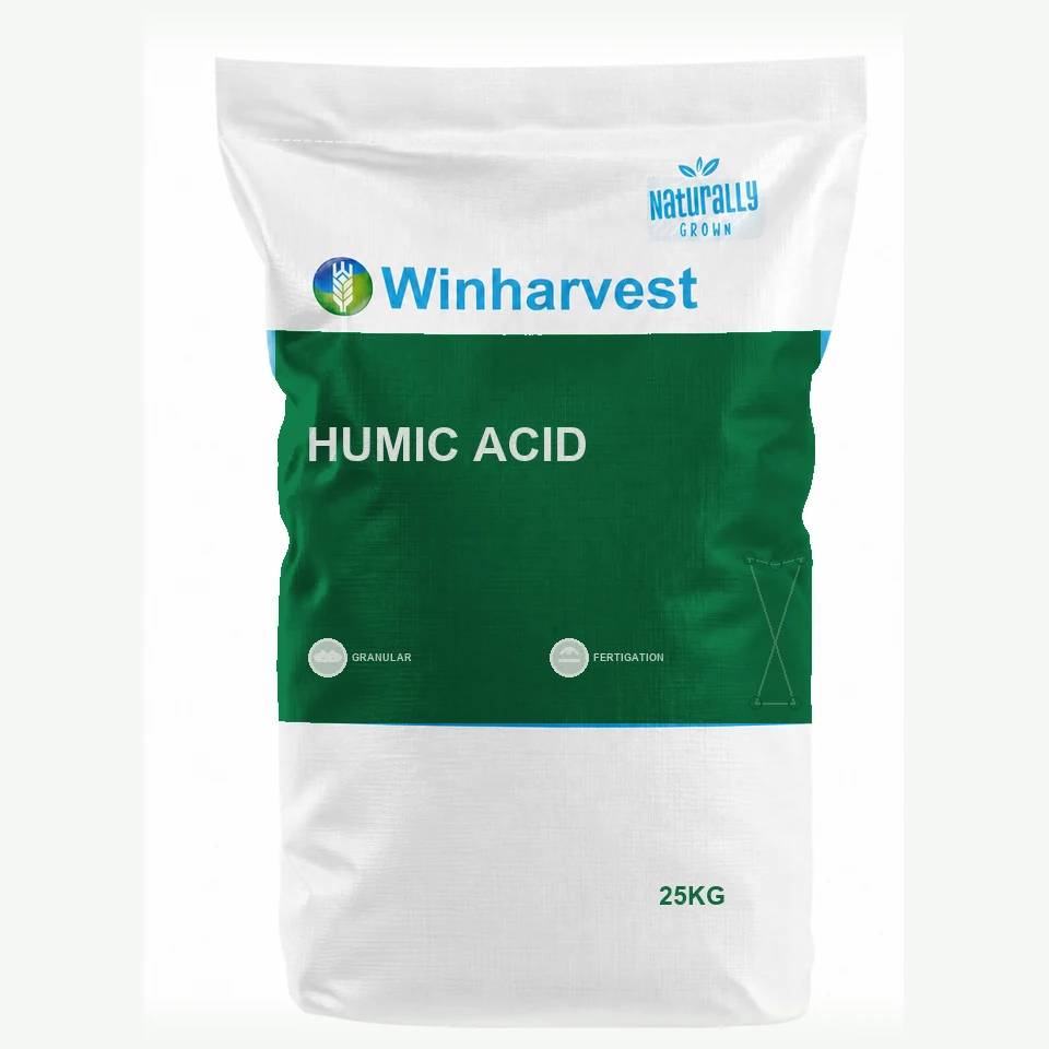 WinHarvest small-pack sack representative packaging for Humic Acid, printed with its controlled category theme, dynamic product icons, analysis and formula information; not an approved product-specific packaging photograph