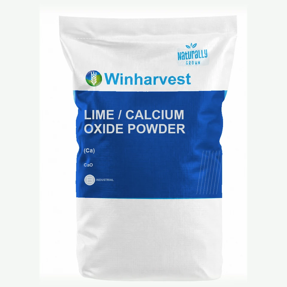 WinHarvest small-pack sack representative packaging for Lime / Calcium Oxide Powder, printed with its controlled category theme, dynamic product icons, analysis and formula information; not an approved product-specific packaging photograph
