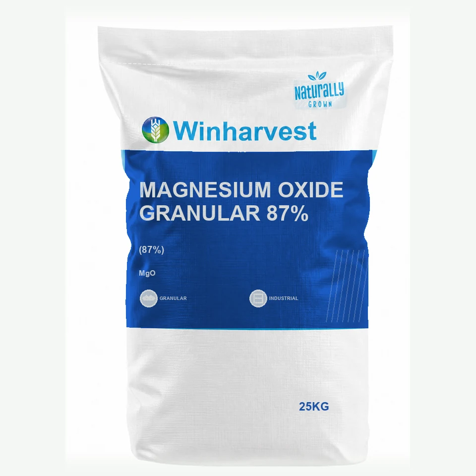 WinHarvest small-pack sack representative packaging for Magnesium Oxide Granular 87%, printed with its controlled category theme, dynamic product icons, analysis and formula information; not an approved product-specific packaging photograph