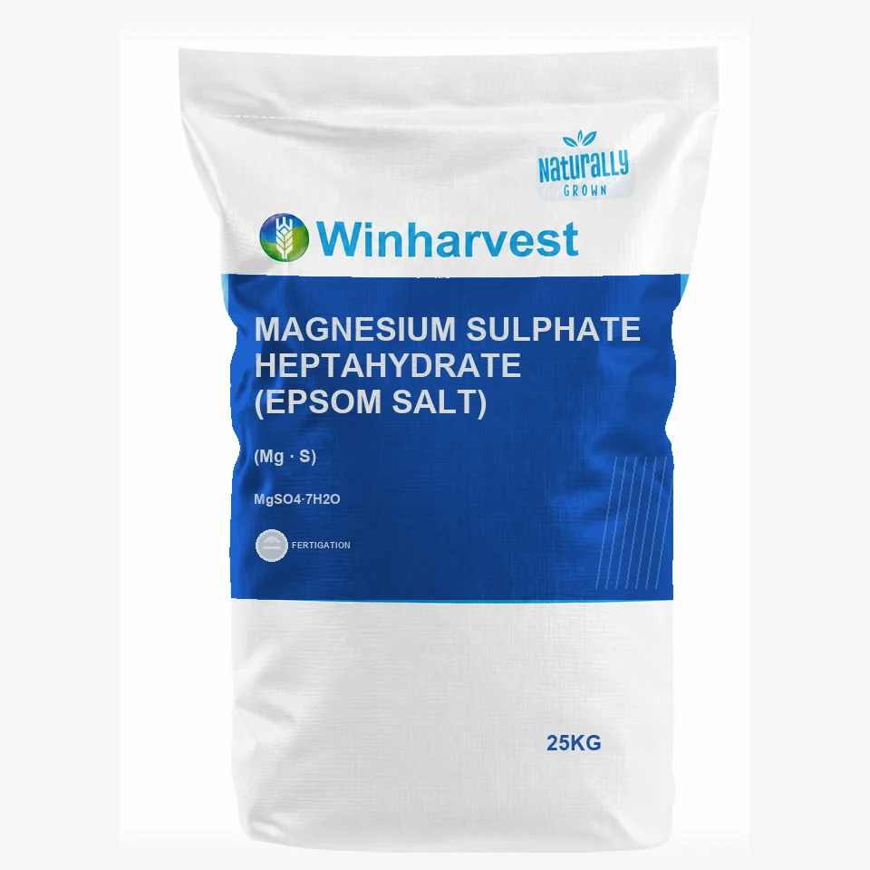 WinHarvest small-pack sack representative packaging for Magnesium Sulphate Heptahydrate (Epsom Salt), printed with its controlled category theme, dynamic product icons, analysis and formula information; not an approved product-specific packaging photograph