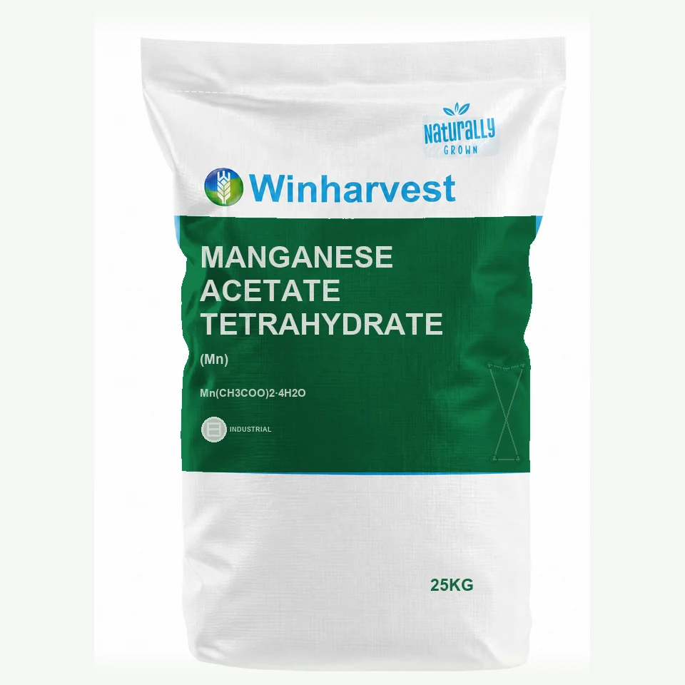 WinHarvest small-pack sack representative packaging for Manganese Acetate Tetrahydrate, printed with its controlled category theme, dynamic product icons, analysis and formula information; not an approved product-specific packaging photograph