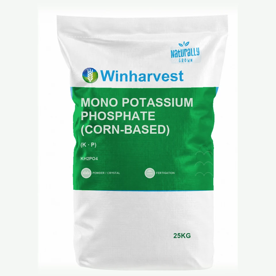 WinHarvest small-pack sack representative packaging for Mono Potassium Phosphate (Corn-based), printed with its controlled category theme, dynamic product icons, analysis and formula information; not an approved product-specific packaging photograph