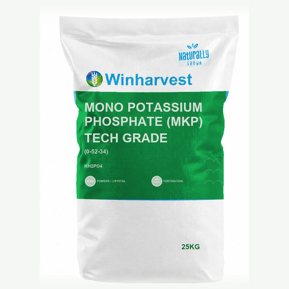 WinHarvest small-pack sack representative packaging for Mono Potassium Phosphate (MKP) Tech Grade, printed with its controlled category theme, dynamic product icons, analysis and formula information; not an approved product-specific packaging photograph