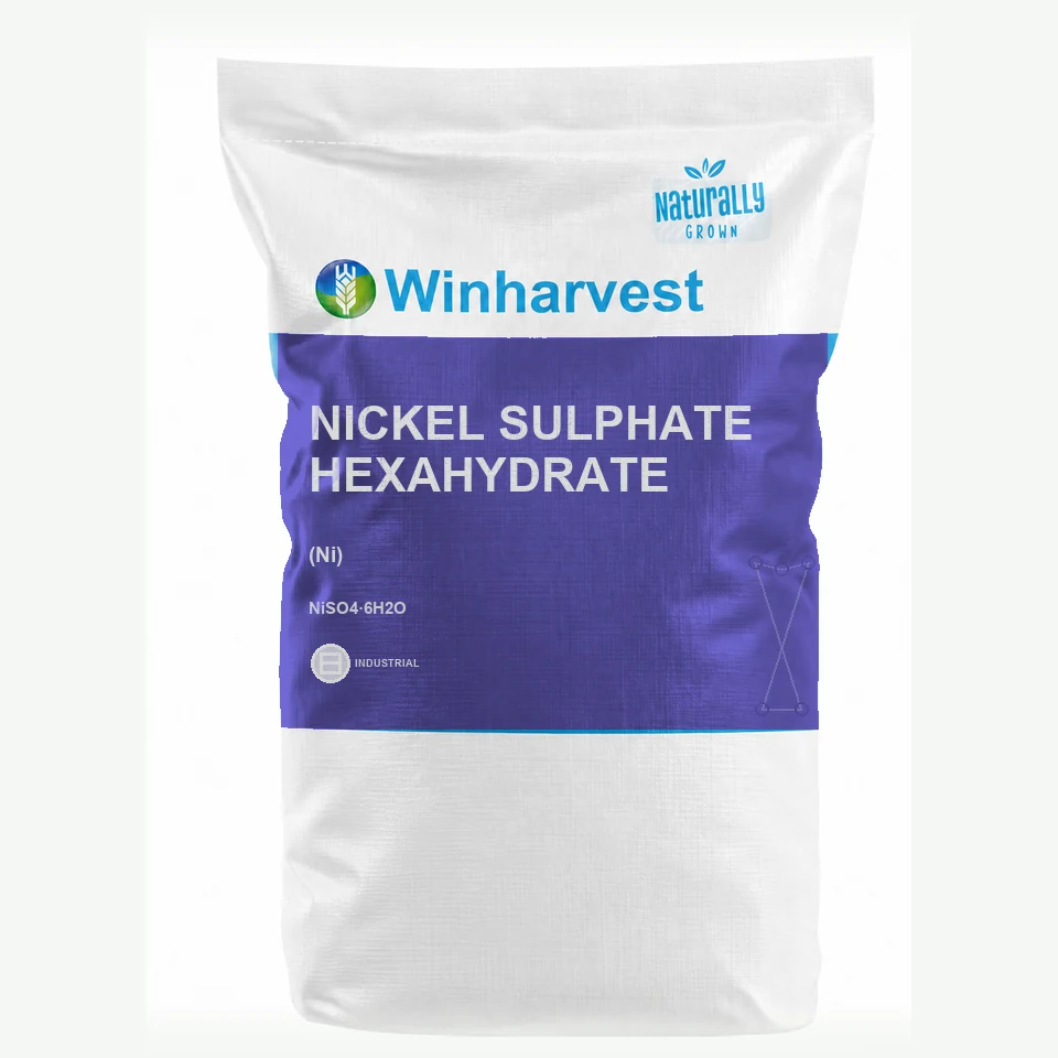 WinHarvest small-pack sack representative packaging for Nickel Sulphate Hexahydrate, printed with its controlled category theme, dynamic product icons, analysis and formula information; not an approved product-specific packaging photograph