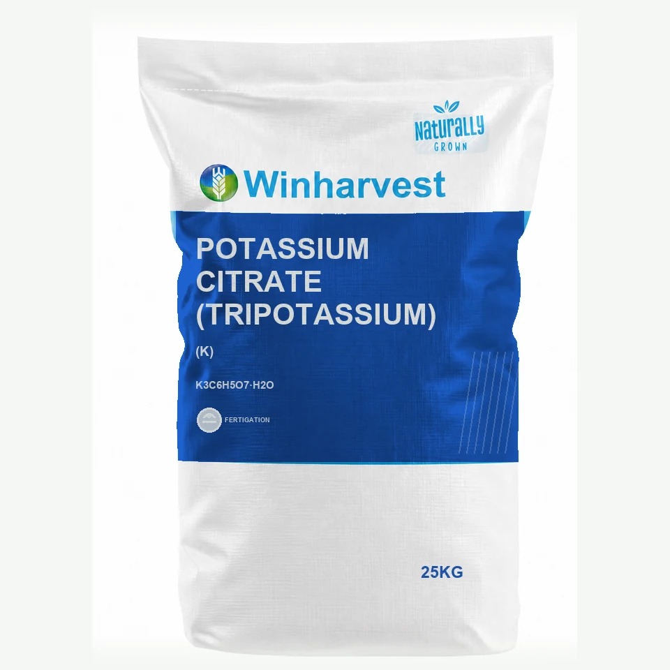 WinHarvest small-pack sack representative packaging for Potassium Citrate (Tripotassium), printed with its controlled category theme, dynamic product icons, analysis and formula information; not an approved product-specific packaging photograph