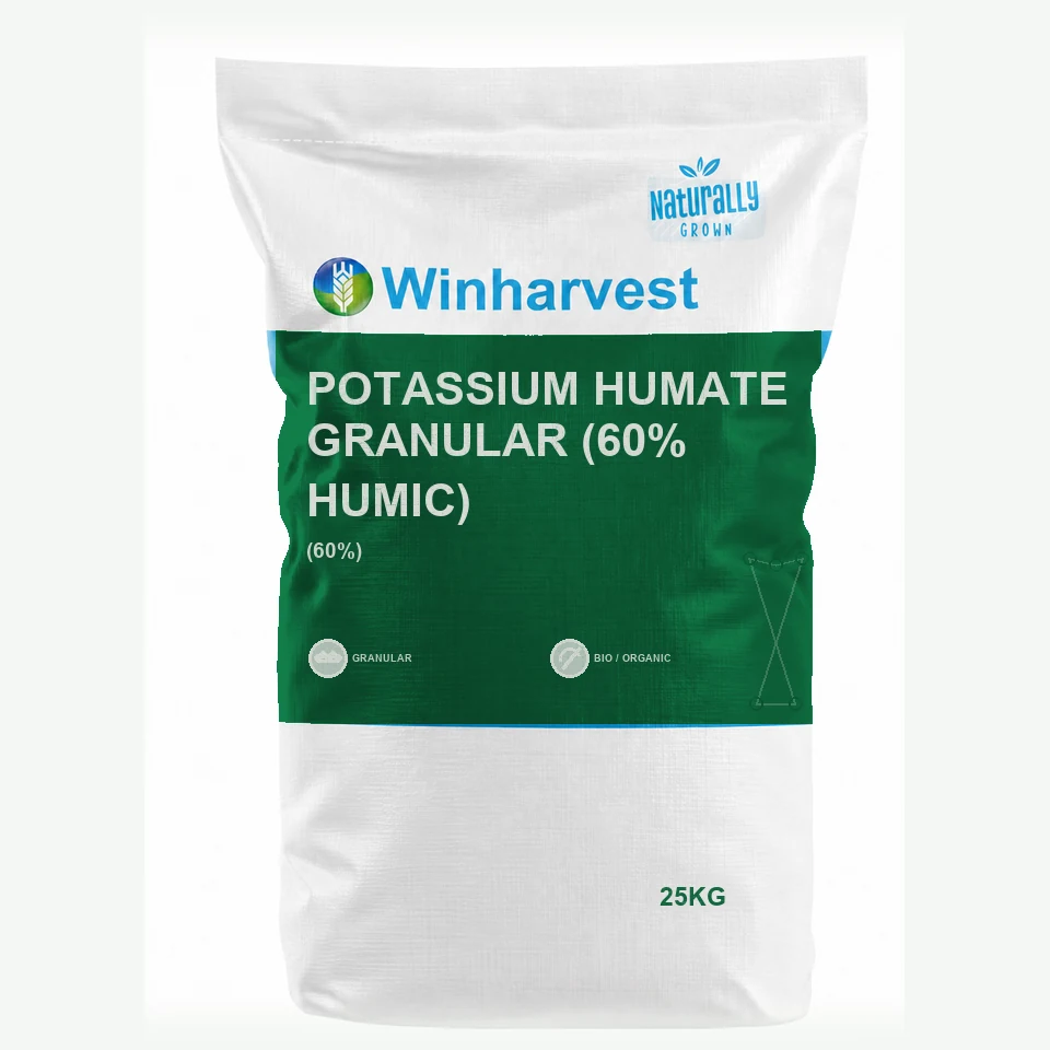 WinHarvest small-pack sack representative packaging for Potassium Humate Granular (60% Humic), printed with its controlled category theme, dynamic product icons, analysis and formula information; not an approved product-specific packaging photograph