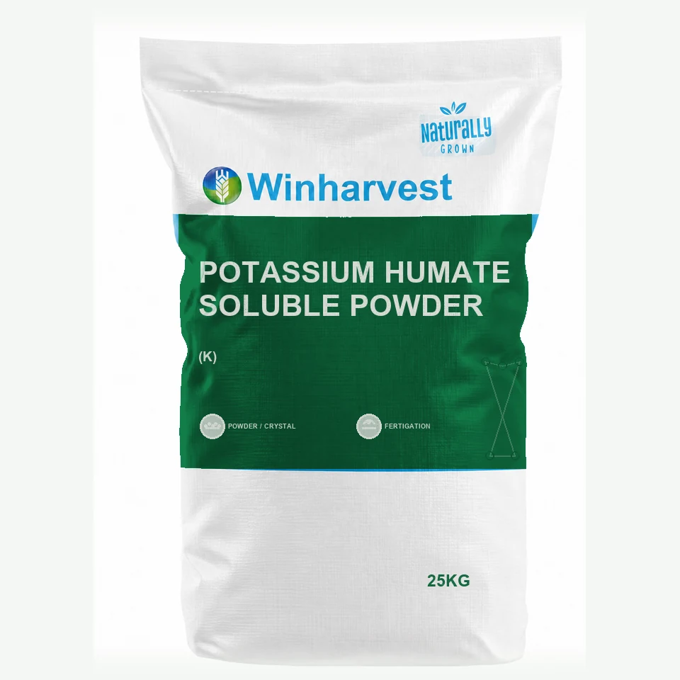 WinHarvest small-pack sack representative packaging for Potassium Humate Soluble Powder, printed with its controlled category theme, dynamic product icons, analysis and formula information; not an approved product-specific packaging photograph