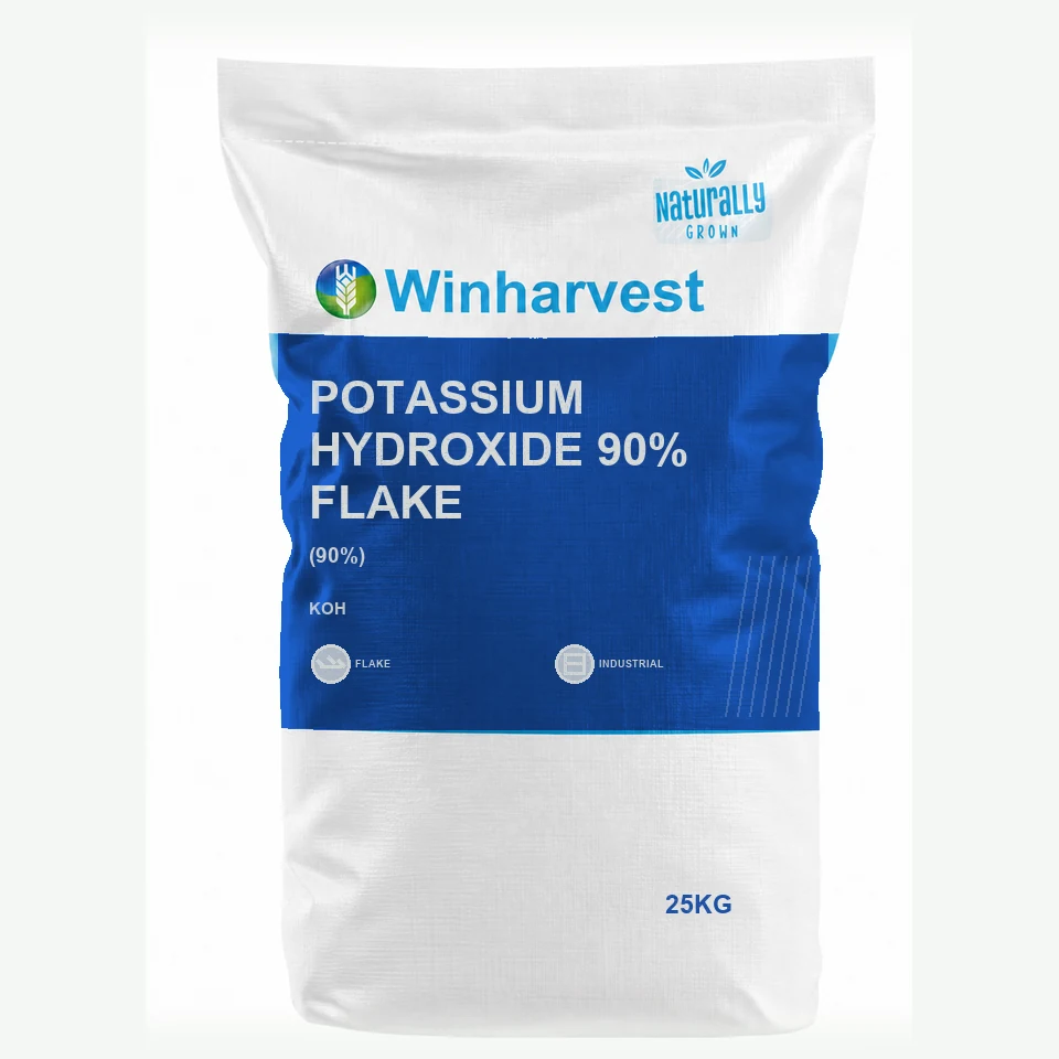 WinHarvest small-pack sack representative packaging for Potassium Hydroxide 90% Flake, printed with its controlled category theme, dynamic product icons, analysis and formula information; not an approved product-specific packaging photograph