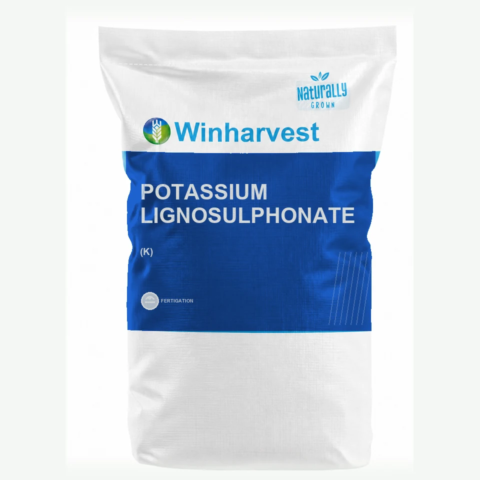 WinHarvest small-pack sack representative packaging for Potassium Lignosulphonate, printed with its controlled category theme, dynamic product icons, analysis and formula information; not an approved product-specific packaging photograph