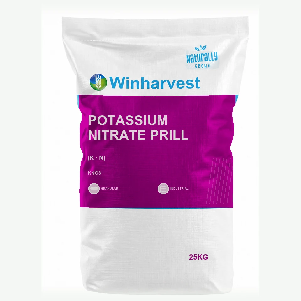 WinHarvest small-pack sack representative packaging for Potassium Nitrate Prill, printed with its controlled category theme, dynamic product icons, analysis and formula information; not an approved product-specific packaging photograph