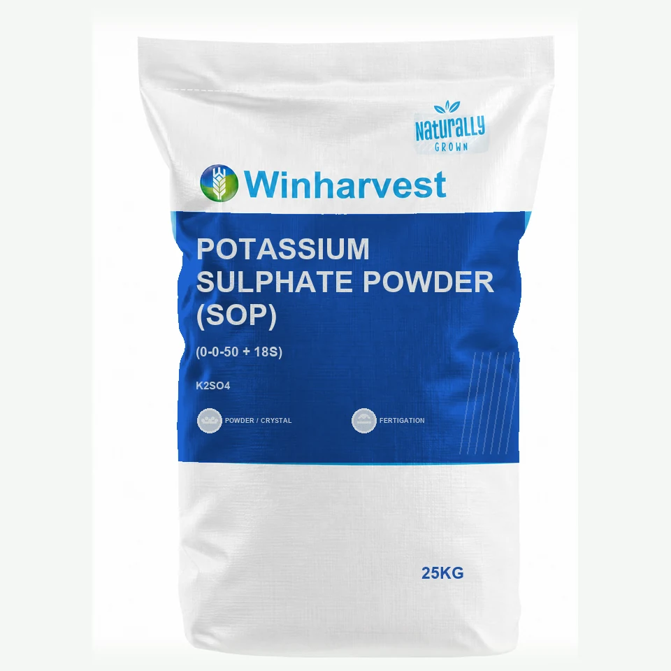 WinHarvest small-pack sack representative packaging for Potassium Sulphate Powder (SOP), printed with its controlled category theme, dynamic product icons, analysis and formula information; not an approved product-specific packaging photograph