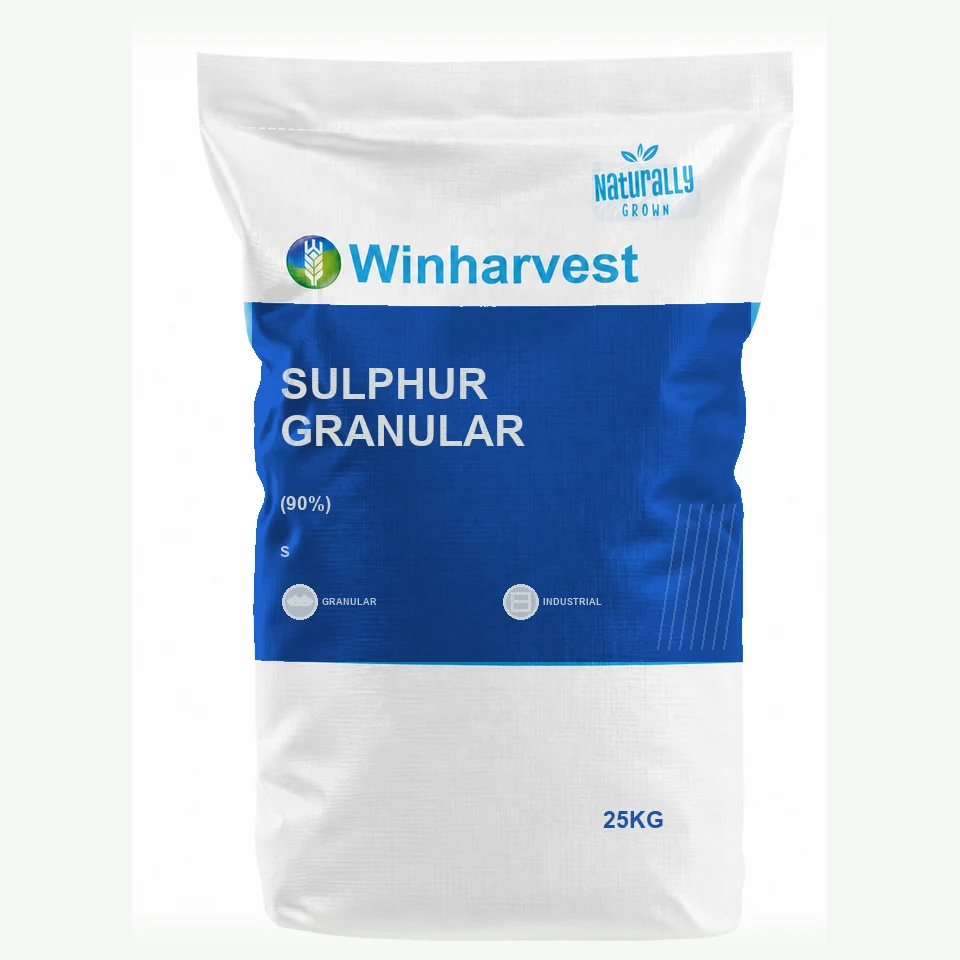 WinHarvest small-pack sack representative packaging for Sulphur Granular, printed with its controlled category theme, dynamic product icons, analysis and formula information; not an approved product-specific packaging photograph