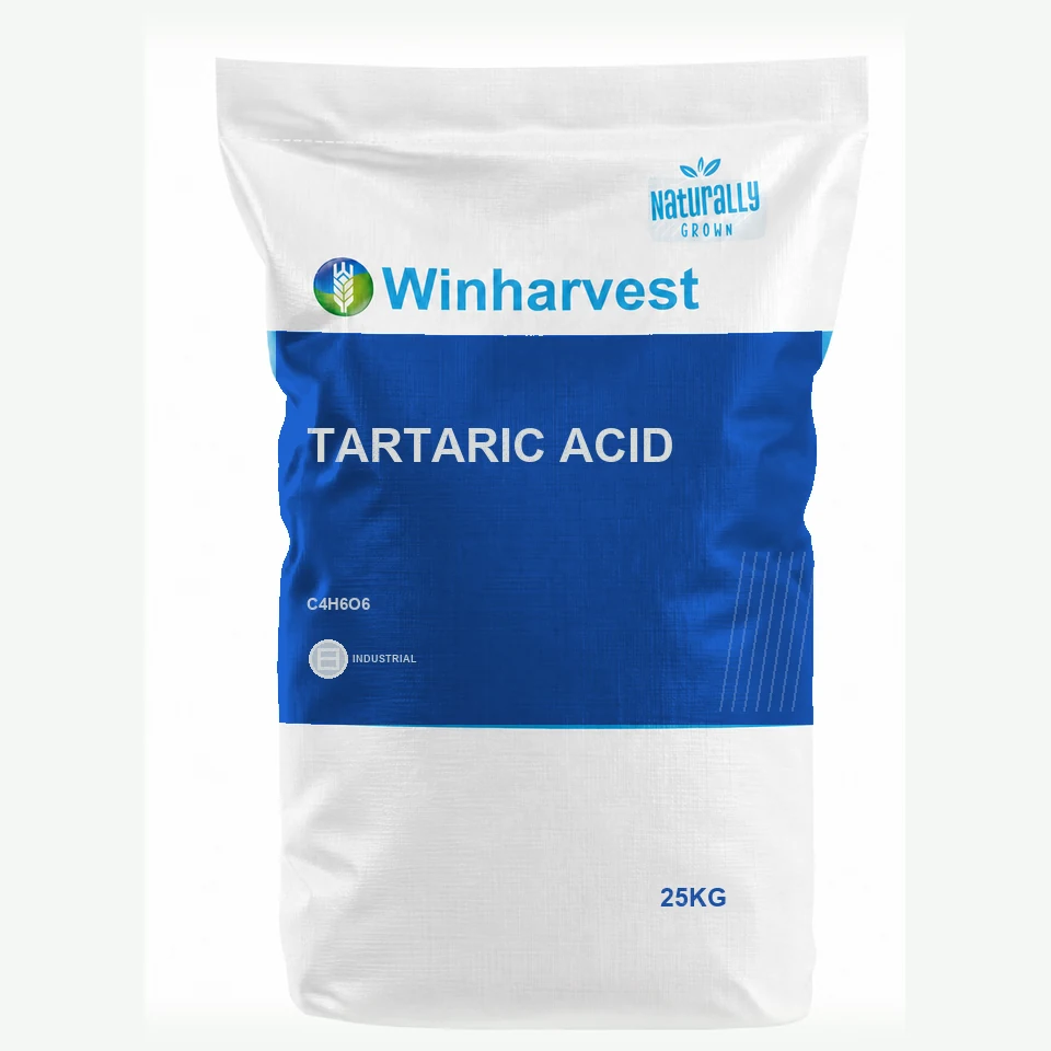 WinHarvest small-pack sack representative packaging for Tartaric Acid, printed with its controlled category theme, dynamic product icons, analysis and formula information; not an approved product-specific packaging photograph
