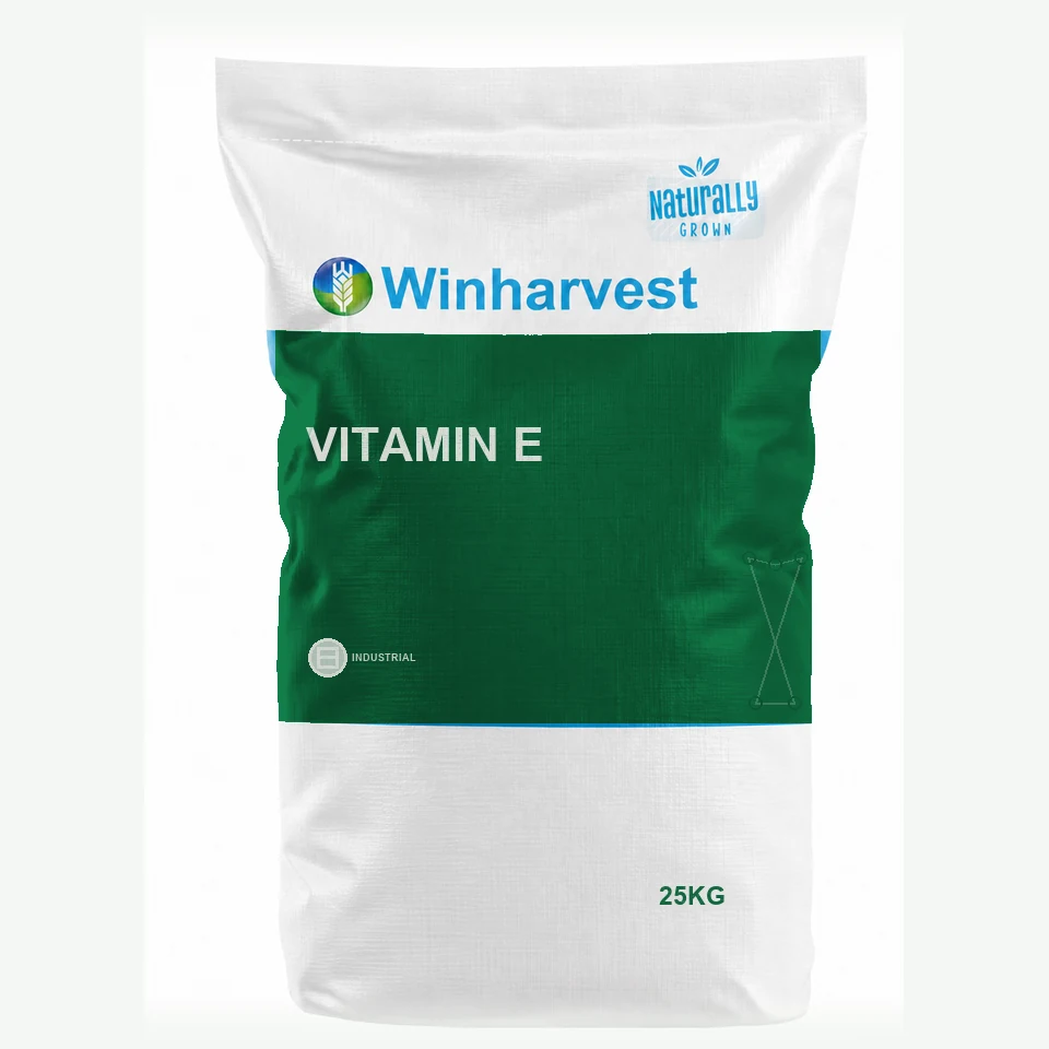 WinHarvest small-pack sack representative packaging for Vitamin E, printed with its controlled category theme, dynamic product icons, analysis and formula information; not an approved product-specific packaging photograph