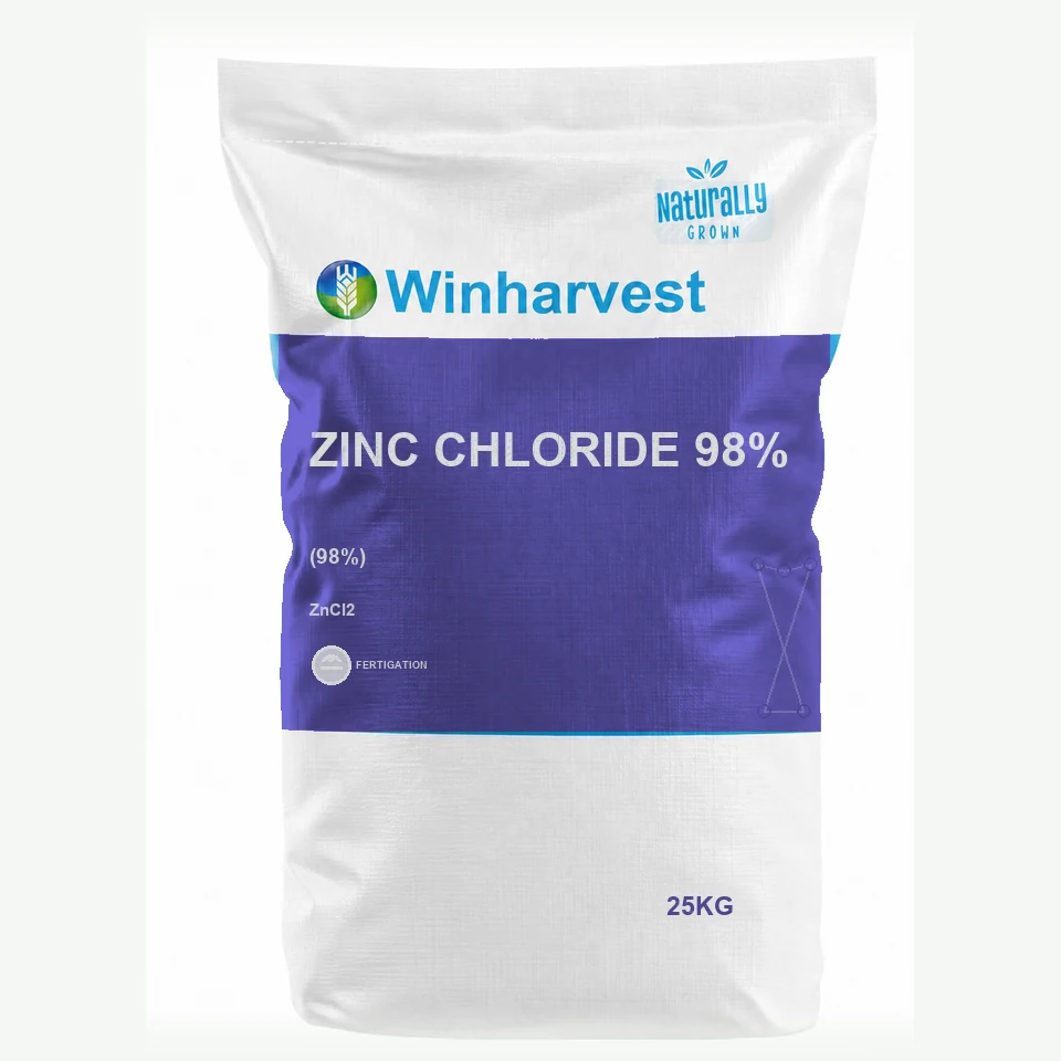 WinHarvest small-pack sack representative packaging for Zinc Chloride 98%, printed with its controlled category theme, dynamic product icons, analysis and formula information; not an approved product-specific packaging photograph