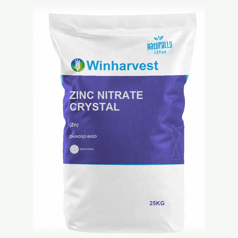 WinHarvest small-pack sack representative packaging for Zinc Nitrate Crystal, printed with its controlled category theme, dynamic product icons, analysis and formula information; not an approved product-specific packaging photograph