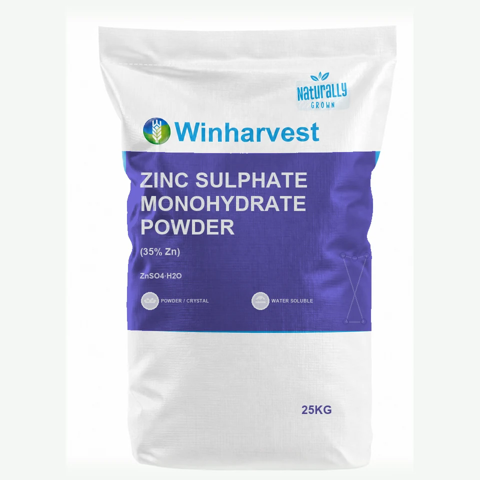 WinHarvest small-pack sack representative packaging for Zinc Sulphate Monohydrate Powder, printed with its controlled category theme, dynamic product icons, analysis and formula information; not an approved product-specific packaging photograph