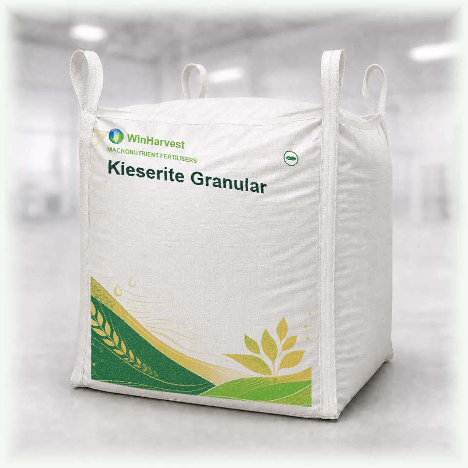WinHarvest bulk FIBC representative packaging for Kieserite Granular, printed with its controlled category theme, dynamic product icons, analysis and formula information; not an approved product-specific packaging photograph