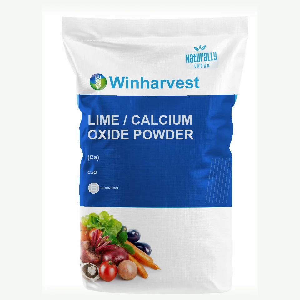 WinHarvest small-pack sack representative packaging for Lime / Calcium Oxide Powder, printed with its controlled category theme, dynamic product icons, analysis and formula information; not an approved product-specific packaging photograph