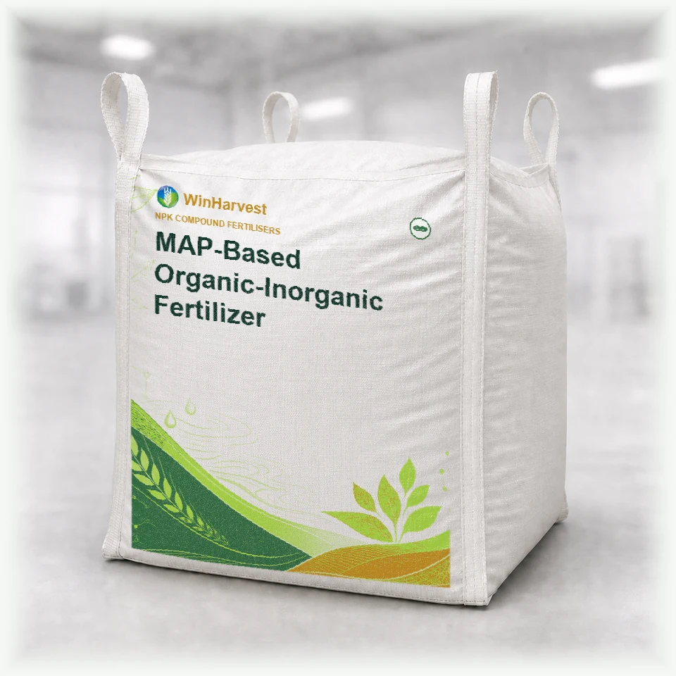 WinHarvest bulk FIBC representative packaging for MAP-Based Organic-Inorganic Fertilizer, printed with its controlled category theme, dynamic product icons, analysis and formula information; not an approved product-specific packaging photograph