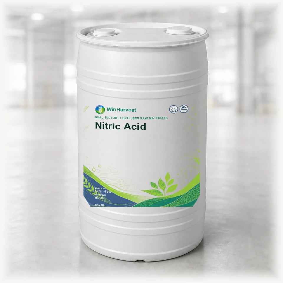 WinHarvest liquid drum representative packaging for Nitric Acid, printed with its controlled category theme, dynamic product icons, analysis and formula information; not an approved product-specific packaging photograph
