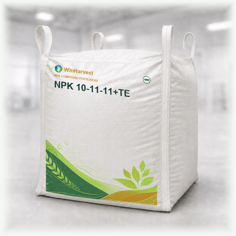 WinHarvest bulk FIBC representative packaging for NPK 10-11-11+TE, printed with its controlled category theme, dynamic product icons, analysis and formula information; not an approved product-specific packaging photograph
