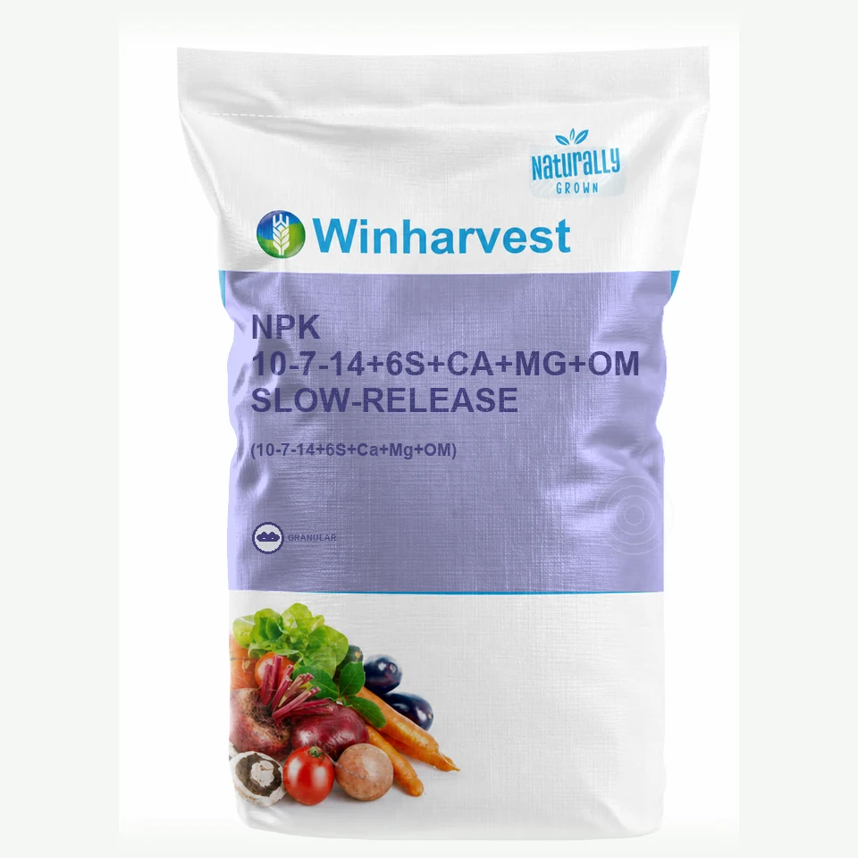 WinHarvest small-pack sack representative packaging for NPK 10-7-14+6S+Ca+Mg+OM Slow-release, printed with its controlled category theme, dynamic product icons, analysis and formula information; not an approved product-specific packaging photograph