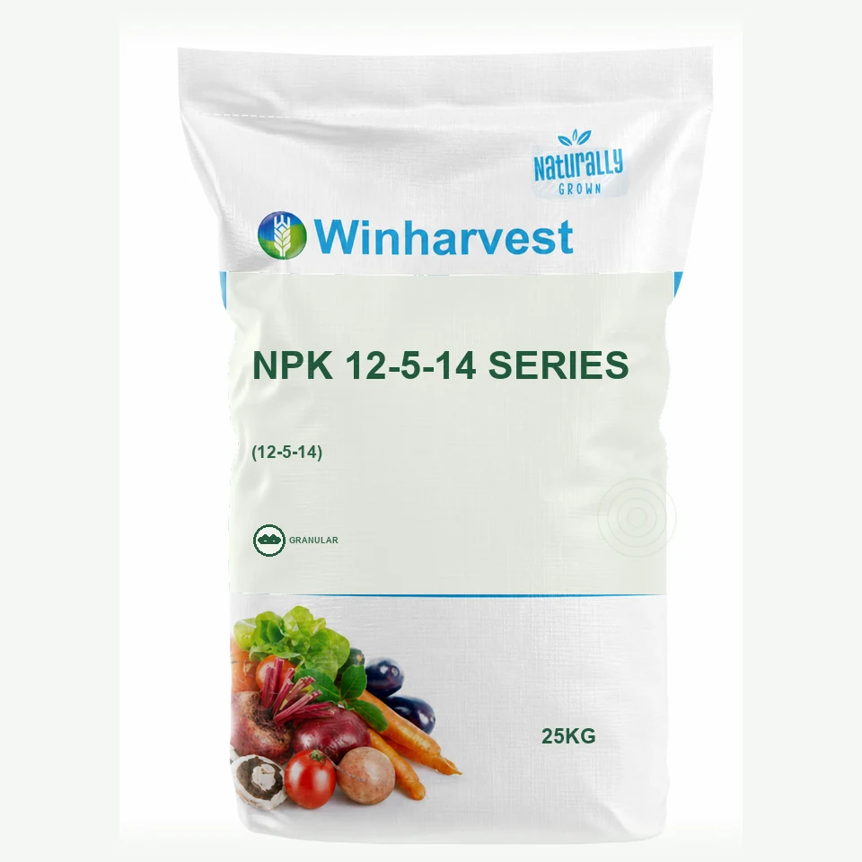 WinHarvest small-pack sack representative packaging for NPK 12-5-14 Series, printed with its controlled category theme, dynamic product icons, analysis and formula information; not an approved product-specific packaging photograph