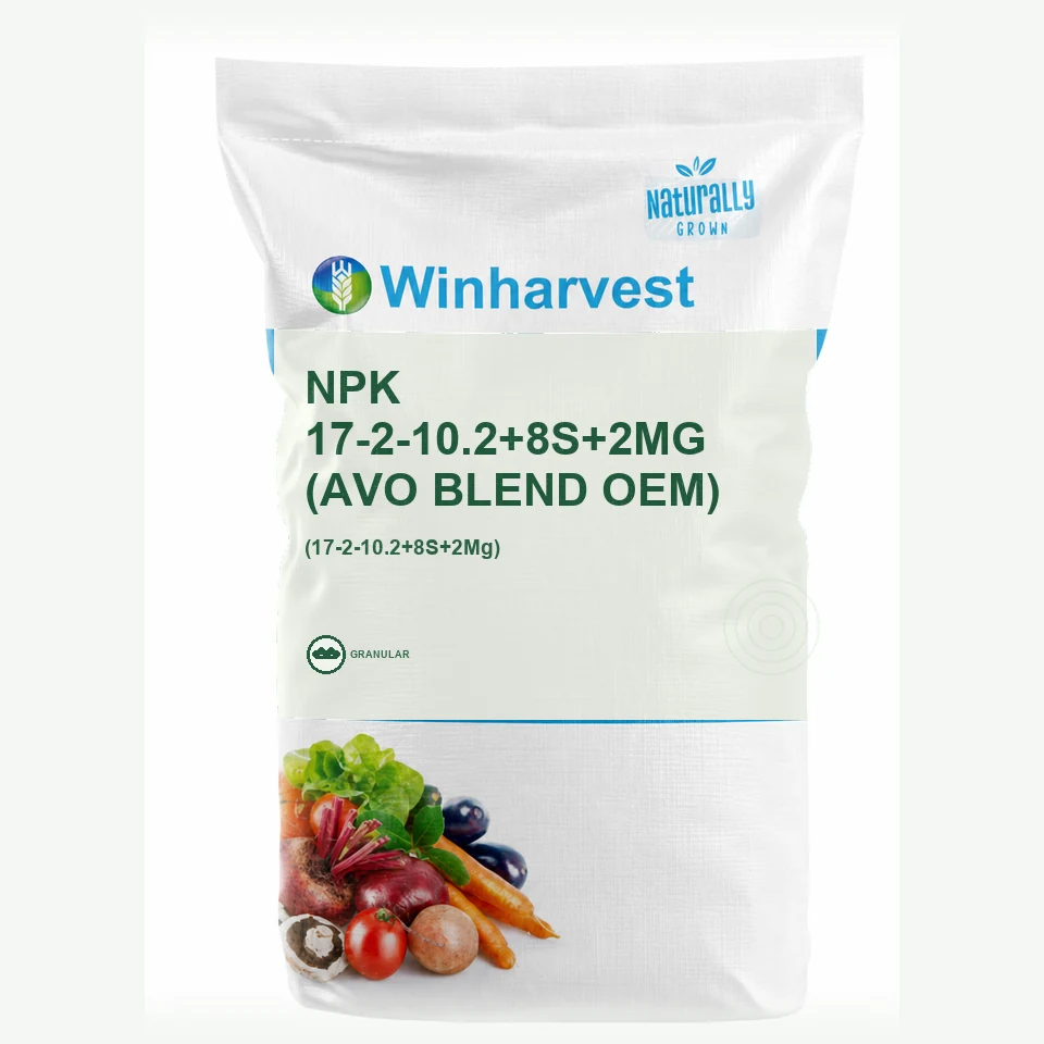 WinHarvest small-pack sack representative packaging for NPK 17-2-10.2+8S+2Mg (Avo Blend OEM), printed with its controlled category theme, dynamic product icons, analysis and formula information; not an approved product-specific packaging photograph