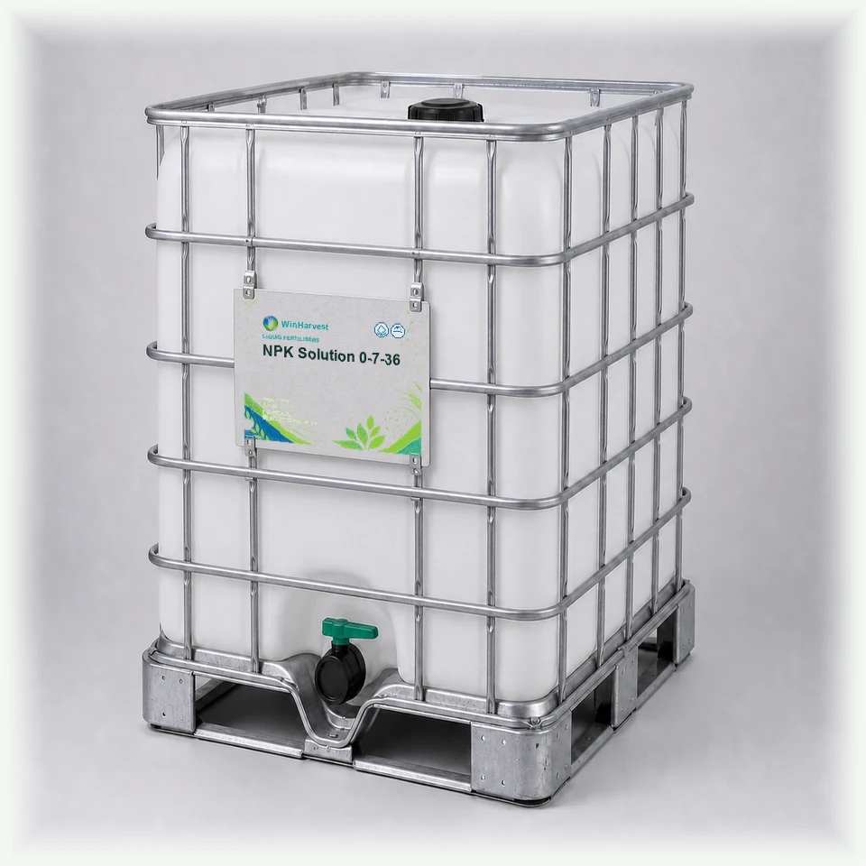 WinHarvest liquid IBC representative packaging for NPK Solution 0-7-36, printed with its controlled category theme, dynamic product icons, analysis and formula information; not an approved product-specific packaging photograph