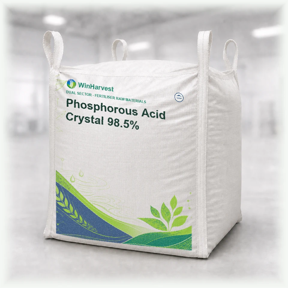 WinHarvest bulk FIBC representative packaging for Phosphorous Acid Crystal 98.5%, printed with its controlled category theme, dynamic product icons, analysis and formula information; not an approved product-specific packaging photograph