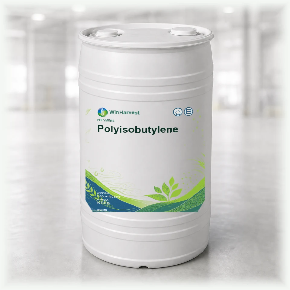 WinHarvest liquid drum representative packaging for Polyisobutylene, printed with its controlled category theme, dynamic product icons, analysis and formula information; not an approved product-specific packaging photograph